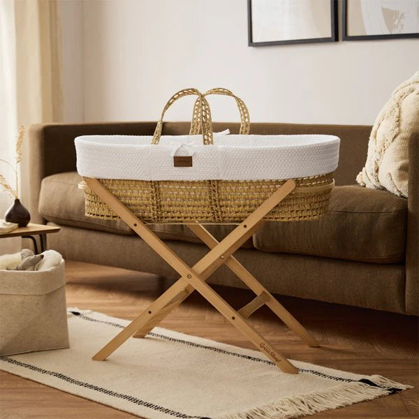 Organic Knitted Moses Basket, Mattress & Natural Foldable Stand Set