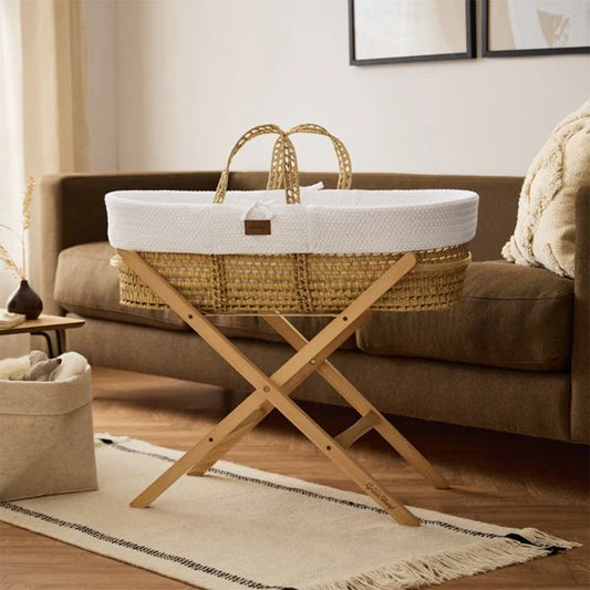 Organic Knitted Moses Basket, Mattress & Natural Foldable Stand Set