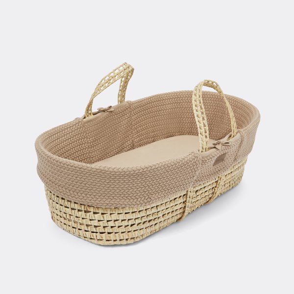 Organic Knitted Moses Basket, Mattress & Natural Foldable Stand Set