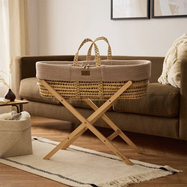 Organic Knitted Moses Basket, Mattress & Natural Foldable Stand Set