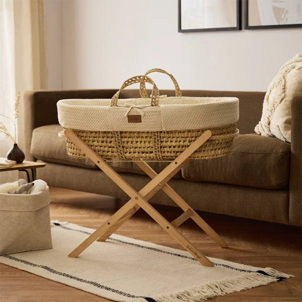 Organic Knitted Moses Basket, Mattress & Natural Foldable Stand Set