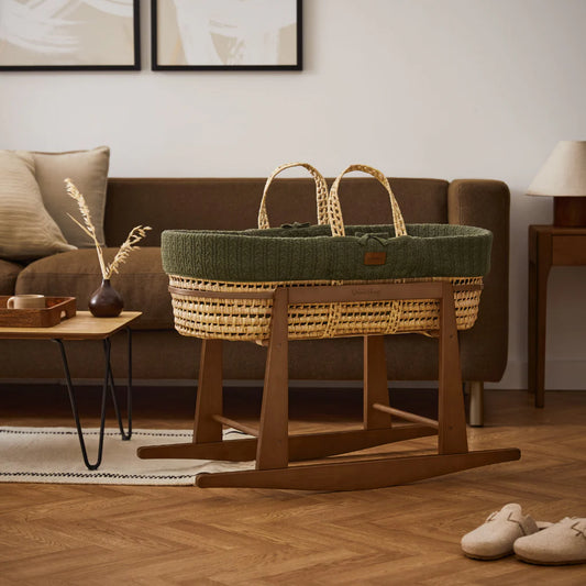Organic Knitted Moses Basket, Mattress & Walnut Rocking Stand Set