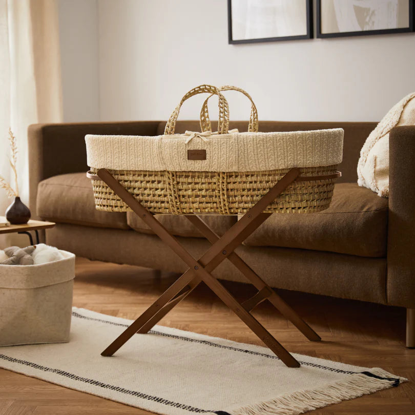 Organic Knitted Moses Basket, Mattress & Walnut Foldable Stand Set