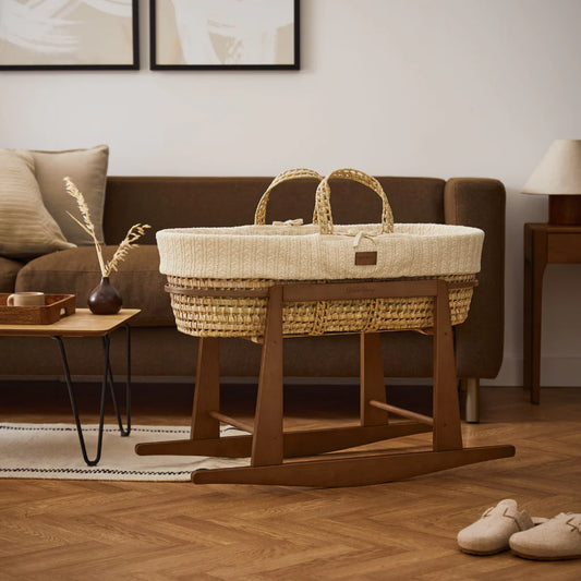Organic Knitted Moses Basket, Mattress & Walnut Rocking Stand Set