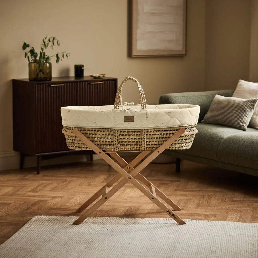 Organic Quilt Moses Basket, Mattress & Natural Foldable Stand