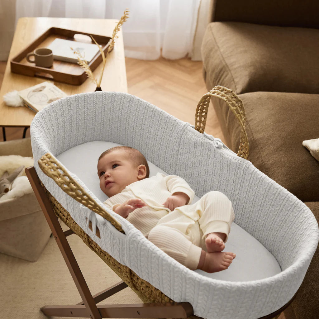 Organic Knitted Moses Basket, Mattress & Walnut Rocking Stand Set