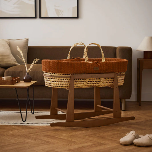 Organic Knitted Moses Basket, Mattress & Walnut Rocking Stand Set