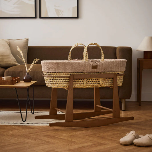 Organic Knitted Moses Basket, Mattress & Walnut Rocking Stand Set