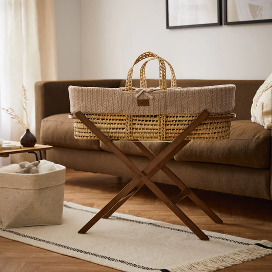 Organic Knitted Moses Basket, Mattress & Walnut Foldable Stand Set