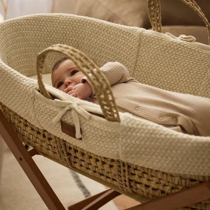 Organic Wheat Knit Moses Basket, Mattress & Walnut Rocking Stand Set