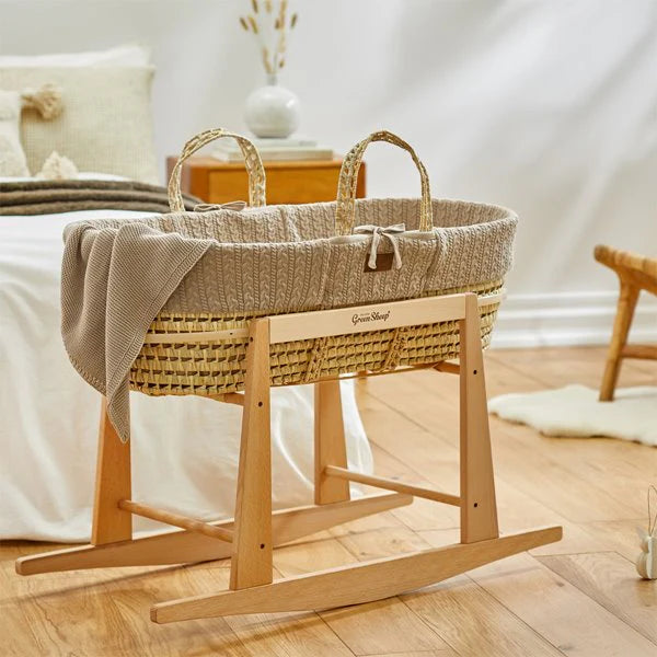 Organic Cable Knit Moses Basket, Mattress & Natural Rocking Stand