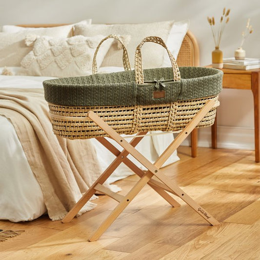 Organic Cable Knit Moses Basket, Mattress & Natural Foldable Stand Set