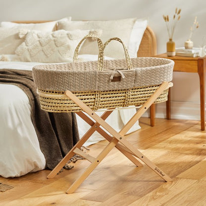 Organic Knitted Moses Basket, Mattress & Natural Foldable Stand Set