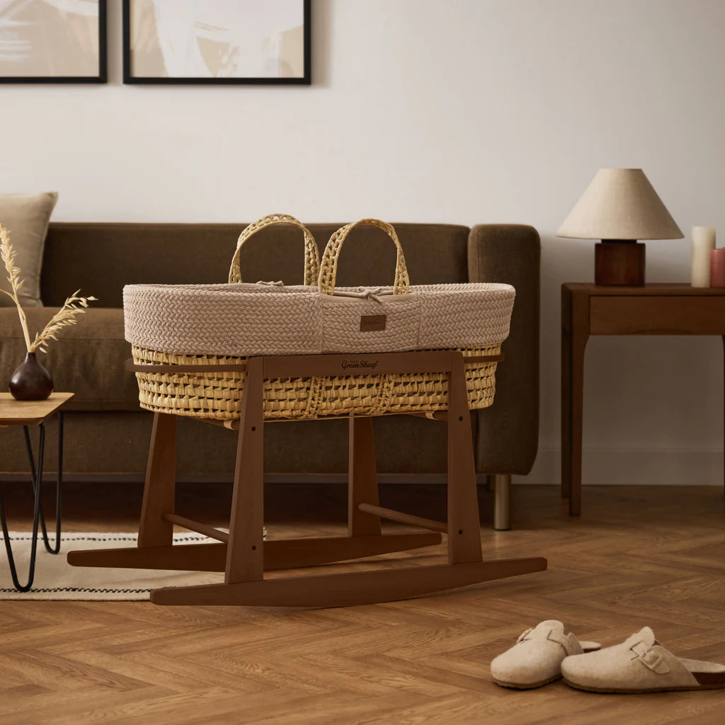 Organic Wheat Knit Moses Basket, Mattress & Walnut Rocking Stand Set