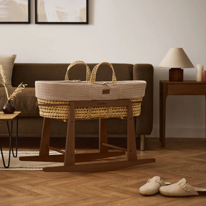Organic Wheat Knit Moses Basket, Mattress & Walnut Rocking Stand Set