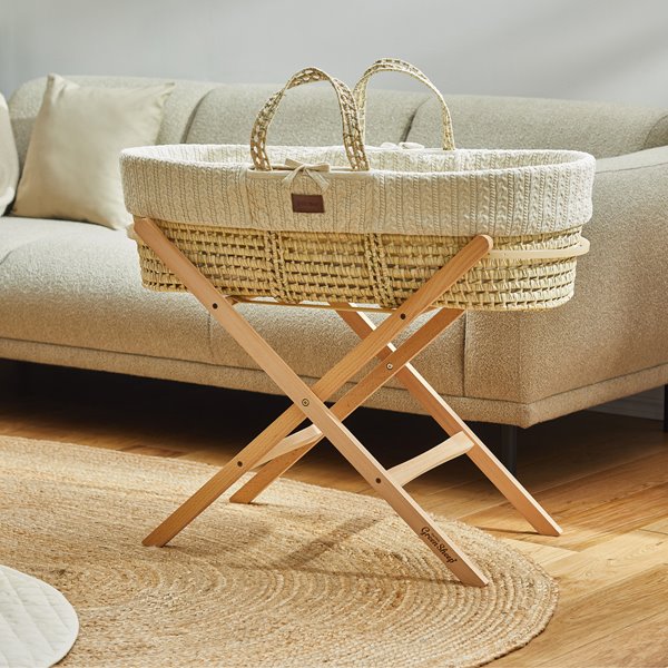 Organic Knitted Moses Basket, Mattress & Natural Foldable Stand Set