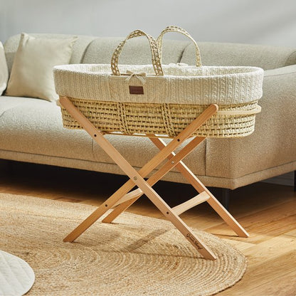 Organic Knitted Moses Basket, Mattress & Natural Foldable Stand Set