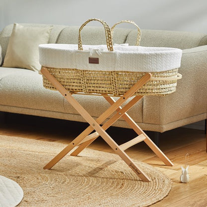 Organic Knitted Moses Basket, Mattress & Natural Foldable Stand Set