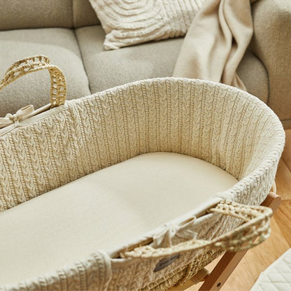 Organic Knitted Moses Basket, Mattress & Natural Foldable Stand Set