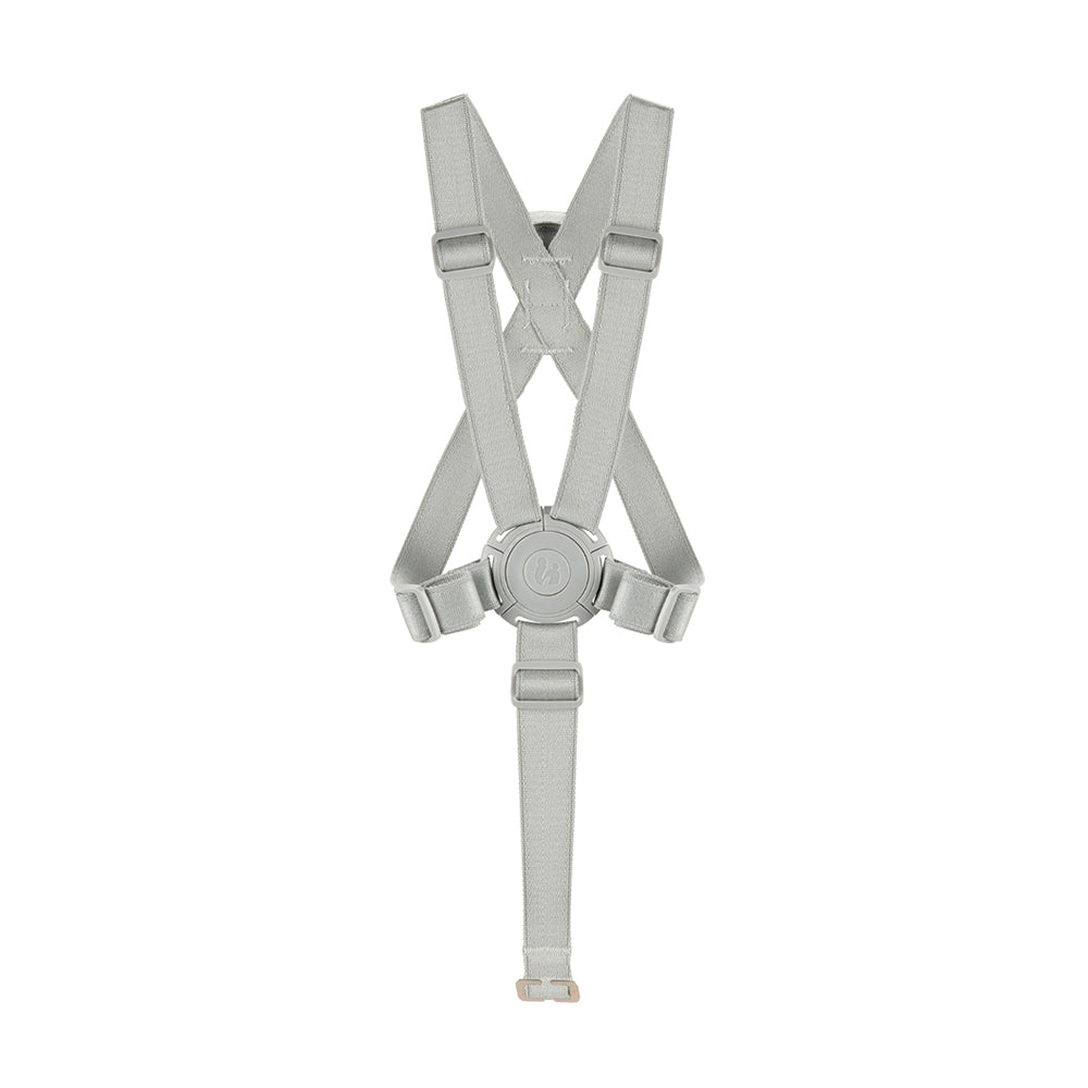 A light gray adjustable harness with a central buckle and four straps crossing over the chest, shown against a plain white background.
