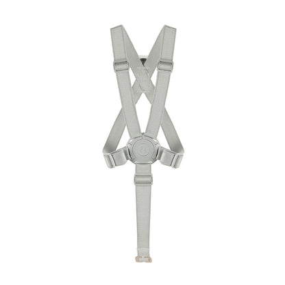 A light gray adjustable harness with a central buckle and four straps crossing over the chest, shown against a plain white background.