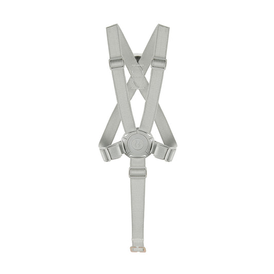 A light gray adjustable harness with a central buckle and four straps crossing over the chest, shown against a plain white background.