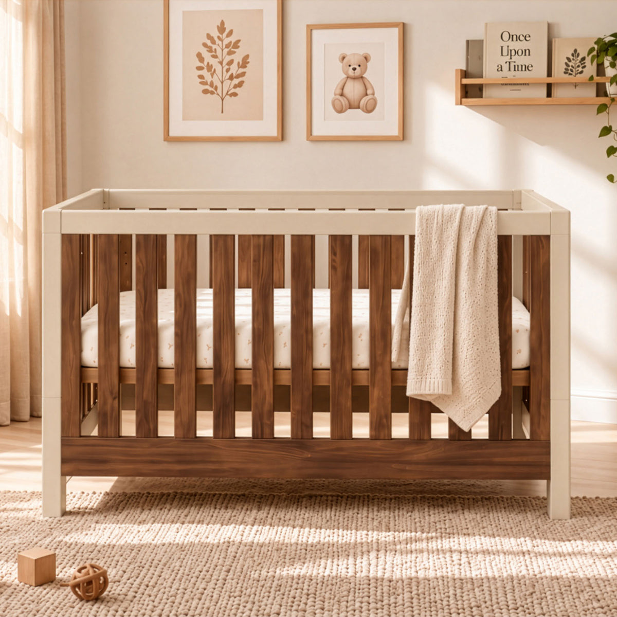 A wooden baby crib with a white frame and a draped cream blanket, set in a softly lit nursery with framed wall art, a shelf, and a woven rug.