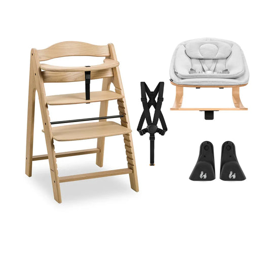 Wooden highchair with wooden bouncer feeding and safety arketa hauck kaliedy