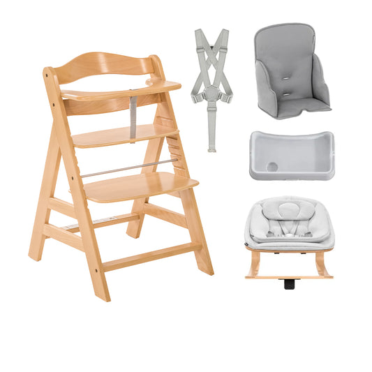A light natural wood high chair shown with several included accessories on a plain white background: a gray shoulder harness, a gray seat cushion, a gray tray, and a seat attachment base.