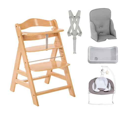 A wooden three-tier baby high chair set shown with included accessories on a white background: a gray padded seat, harness, tray, and bassinet with white frame and mobile.