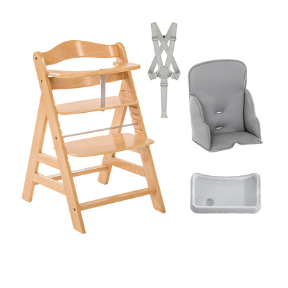 A light natural wood three-tier baby high chair shown with a gray padded seat insert, matching gray harness straps, and a gray removable tray on a plain white background.