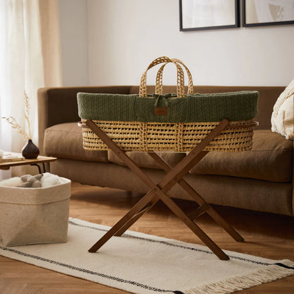 Organic Knitted Moses Basket, Mattress & Walnut Foldable Stand Set