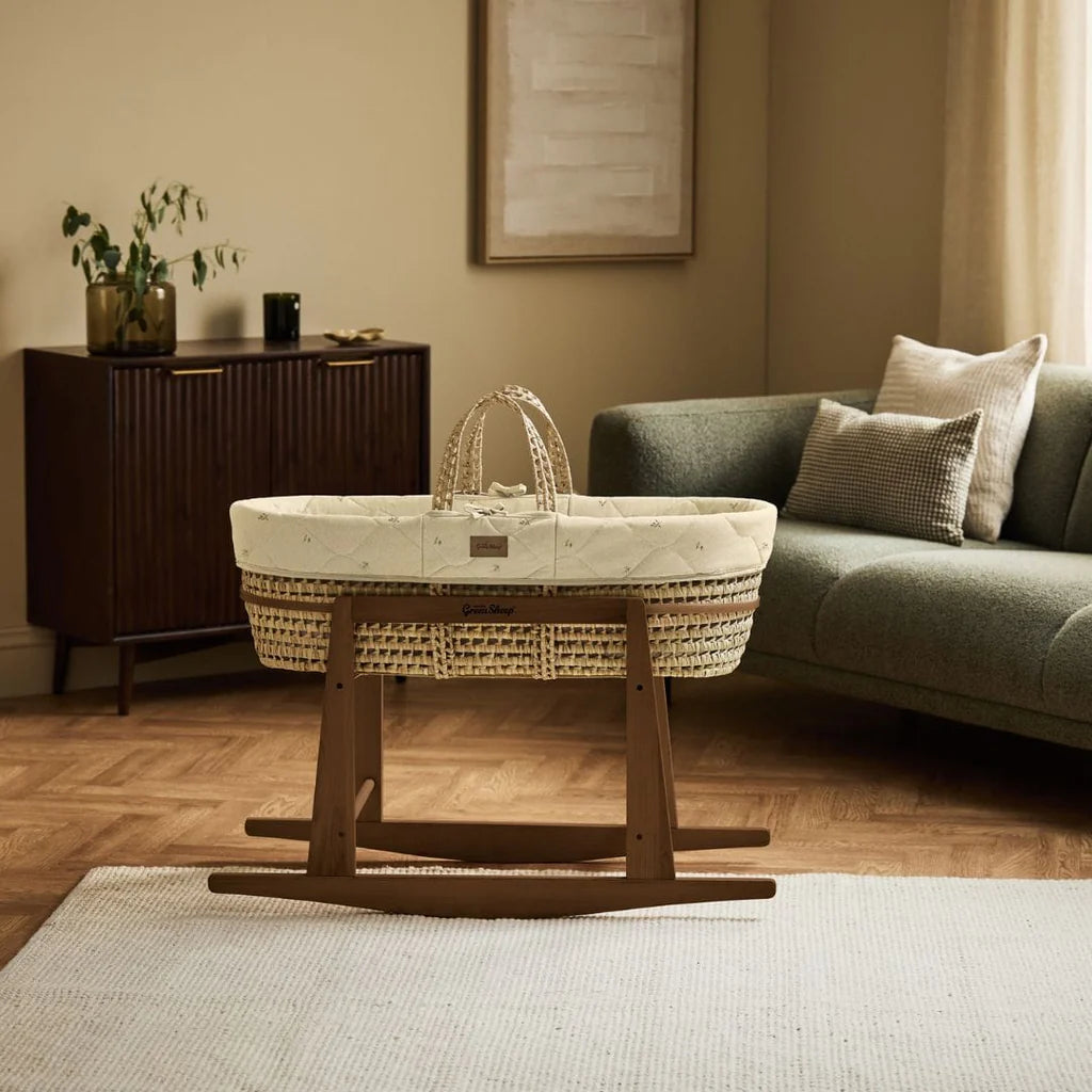Organic Quilt Moses Basket, Mattress & Walnut Rocking Stand