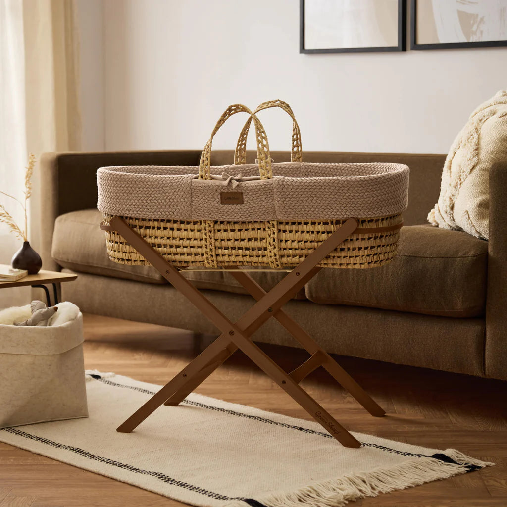 Organic Wheat Knit Moses Basket, Mattress & Walnut Folding Stand Set