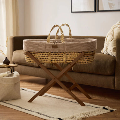 Organic Wheat Knit Moses Basket, Mattress & Walnut Folding Stand Set