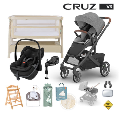 Cruz V3 & Infant Cover, Maxi Cosi Pebble Slide & Familyfix Slide Pro Base Newborn Bundle