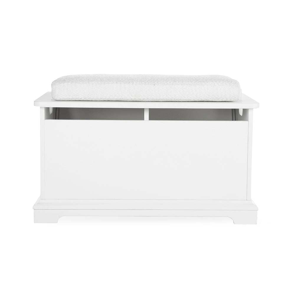 A white wooden toy storage bench with a thick, textured white cushion on top, shown against a solid white background.
