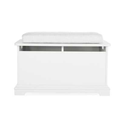 A white wooden toy storage bench with a thick, textured white cushion on top, shown against a solid white background.