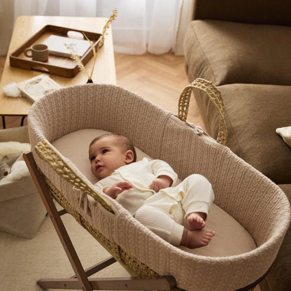 Organic Knitted Moses Basket, Mattress & Walnut Foldable Stand Set