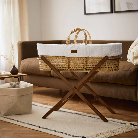 Organic Knitted Moses Basket, Mattress & Walnut Foldable Stand Set