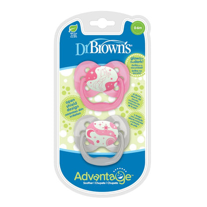 Dr Brown Advan Stage 1 Glow in Dark Soother 2pk 0-6m- Pink