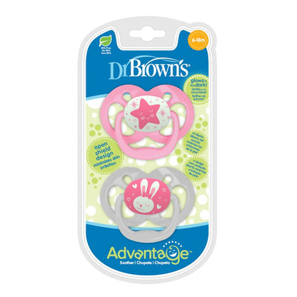 Dr Brown Advan Stage 2 Glow in the Dark Soother 2pk 6-18m - Pink